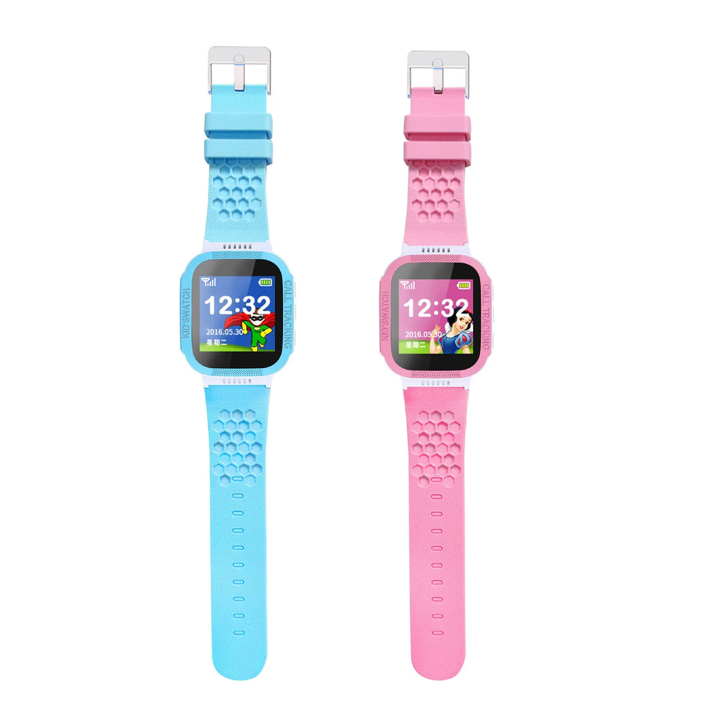 Blue children's phone watch with 1.44 inch IPS screen showing Chinese language interface