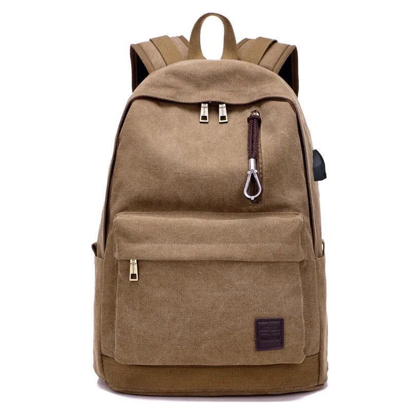 Canvas backpack with USB charging port showing coffee colour variant