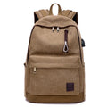 Canvas backpack with USB charging port showing coffee colour variant