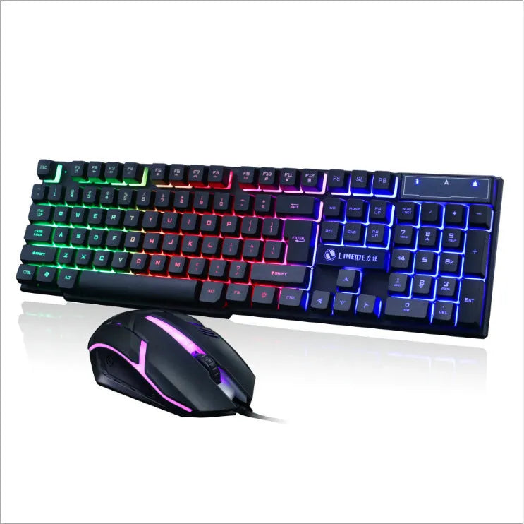Limei Gtx300 mechanical gaming keyboard and mouse set with backlit 104-key keyboard on desktop