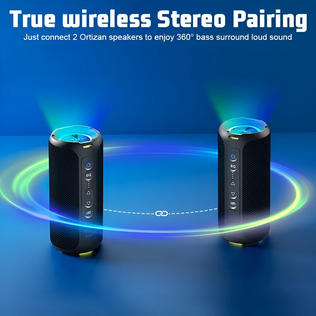 Black and blue fabric wireless Bluetooth speaker with 40W power and built-in lighting effects.