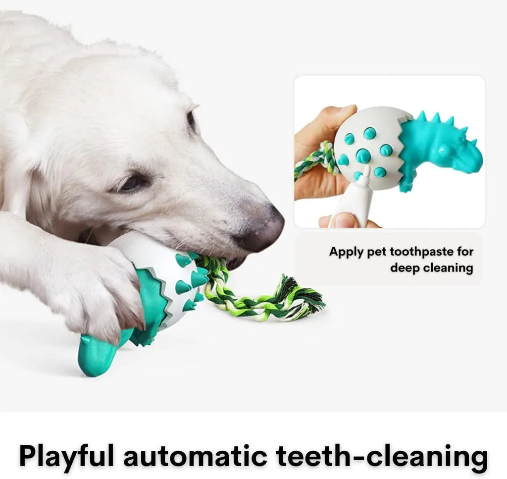 Durable dinosaur design dog chew toy with rope in blue, green, orange, or yellow colours