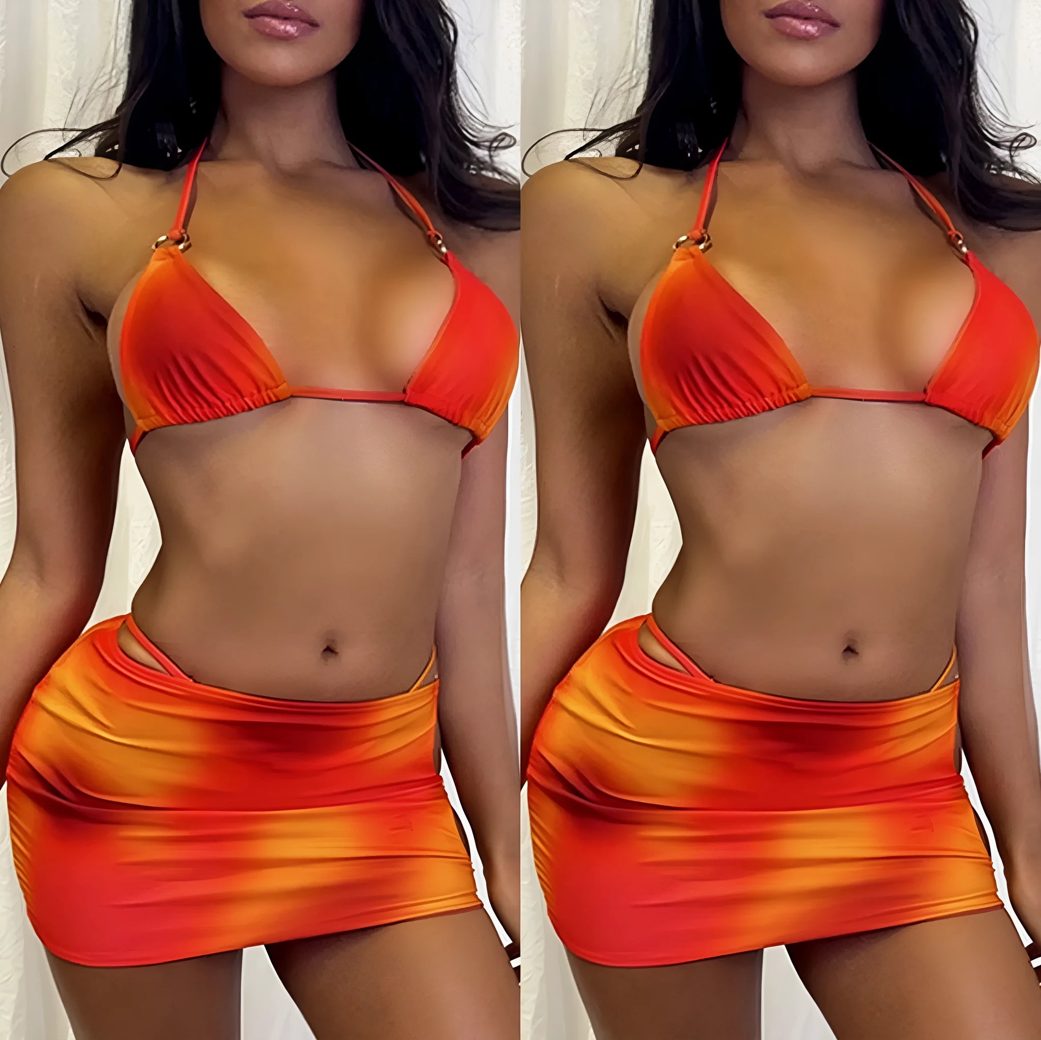 Tie-dye gradient three-piece swimwear set with halter top and skirt