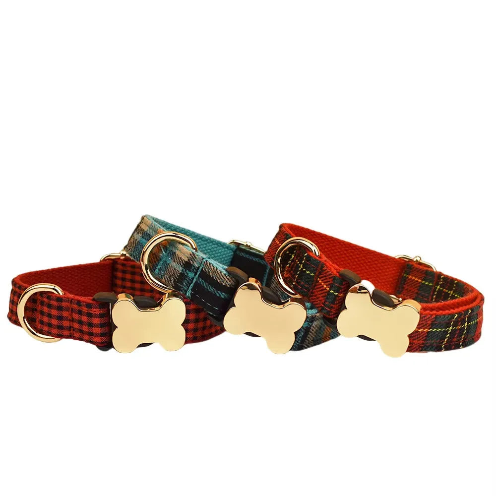 Nylon dog collar with printed grid pattern and bone-shaped buckle fastener