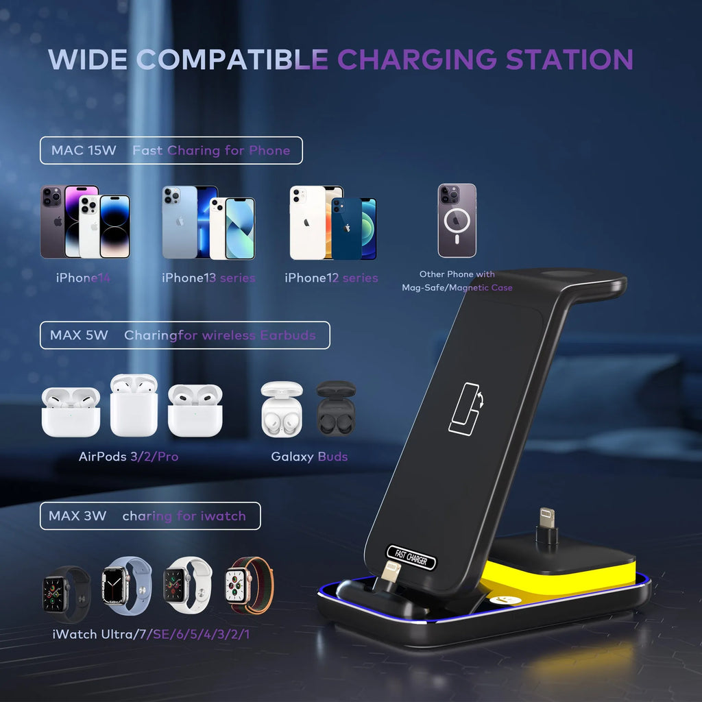 Vertical wireless charging stand for mobile phones, watches, and headsets in black or white