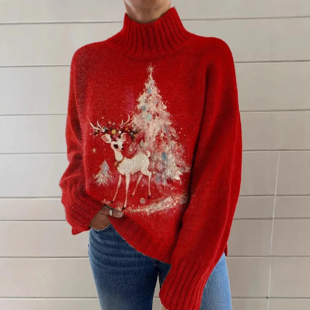 Women's Christmas printed turtleneck sweater in macaron colours, loose fit long sleeve pullover.