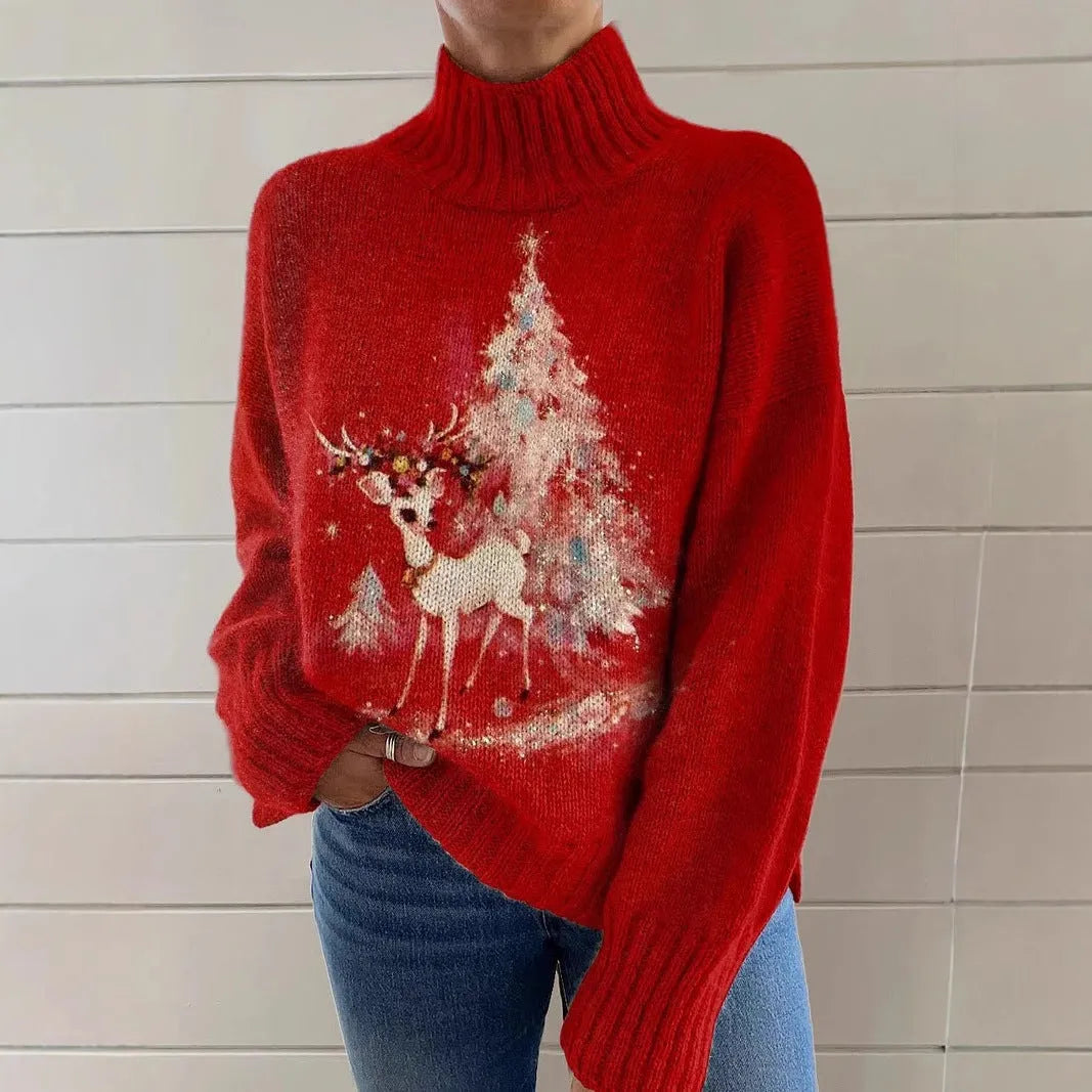 Women's Christmas printed turtleneck sweater in macaron colours, loose fit long sleeve pullover.