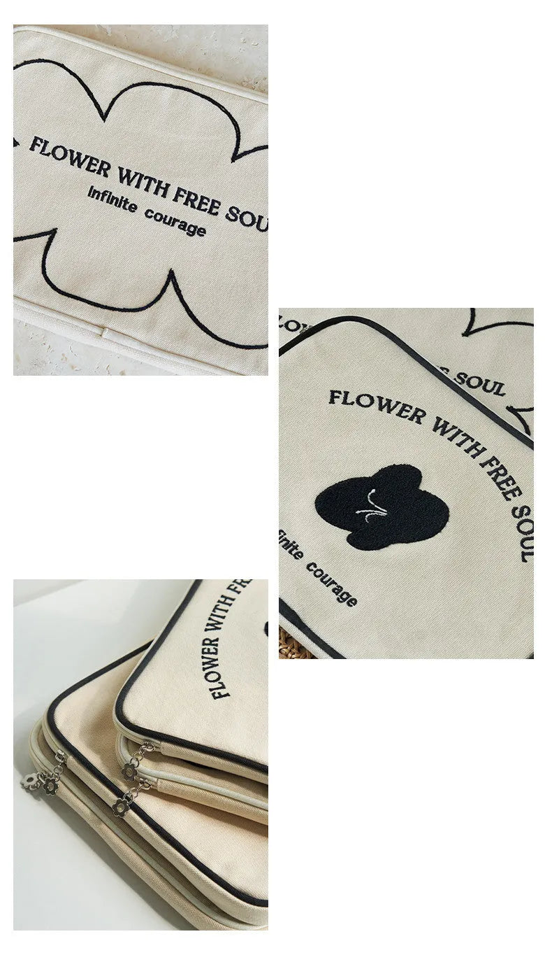 Canvas notebook liner bag with embroidery line terms flowers pattern in simplicity style