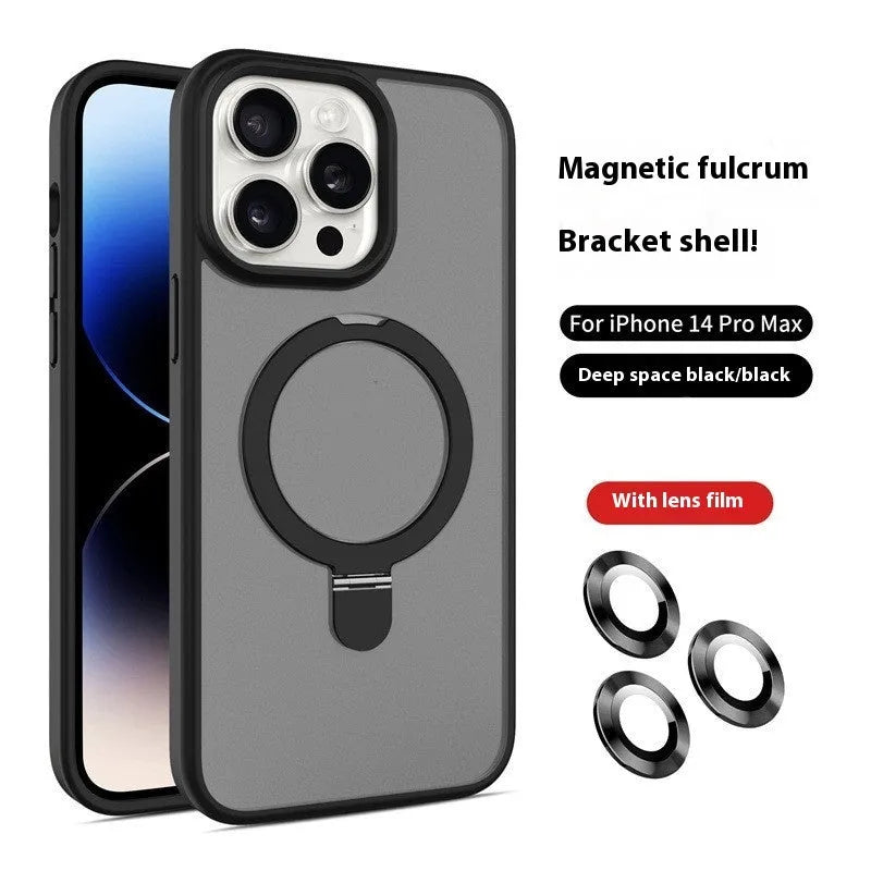 Magnetic frosted phone case for iPhone with built-in kickstand and lens protection, available in black