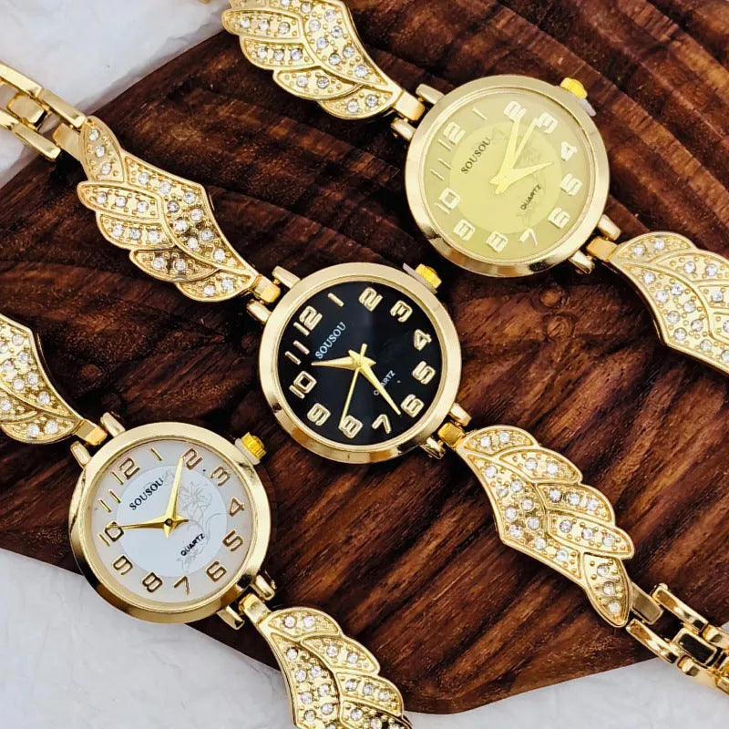 Women's stainless steel watch with a round dial shown in gold, black and gold, and white and gold colour options