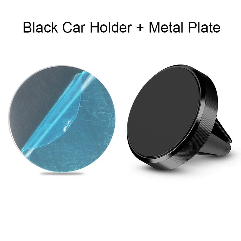 Magnetic car phone holder in aluminium alloy with CD texture, shown in black, gold, and silver colours.