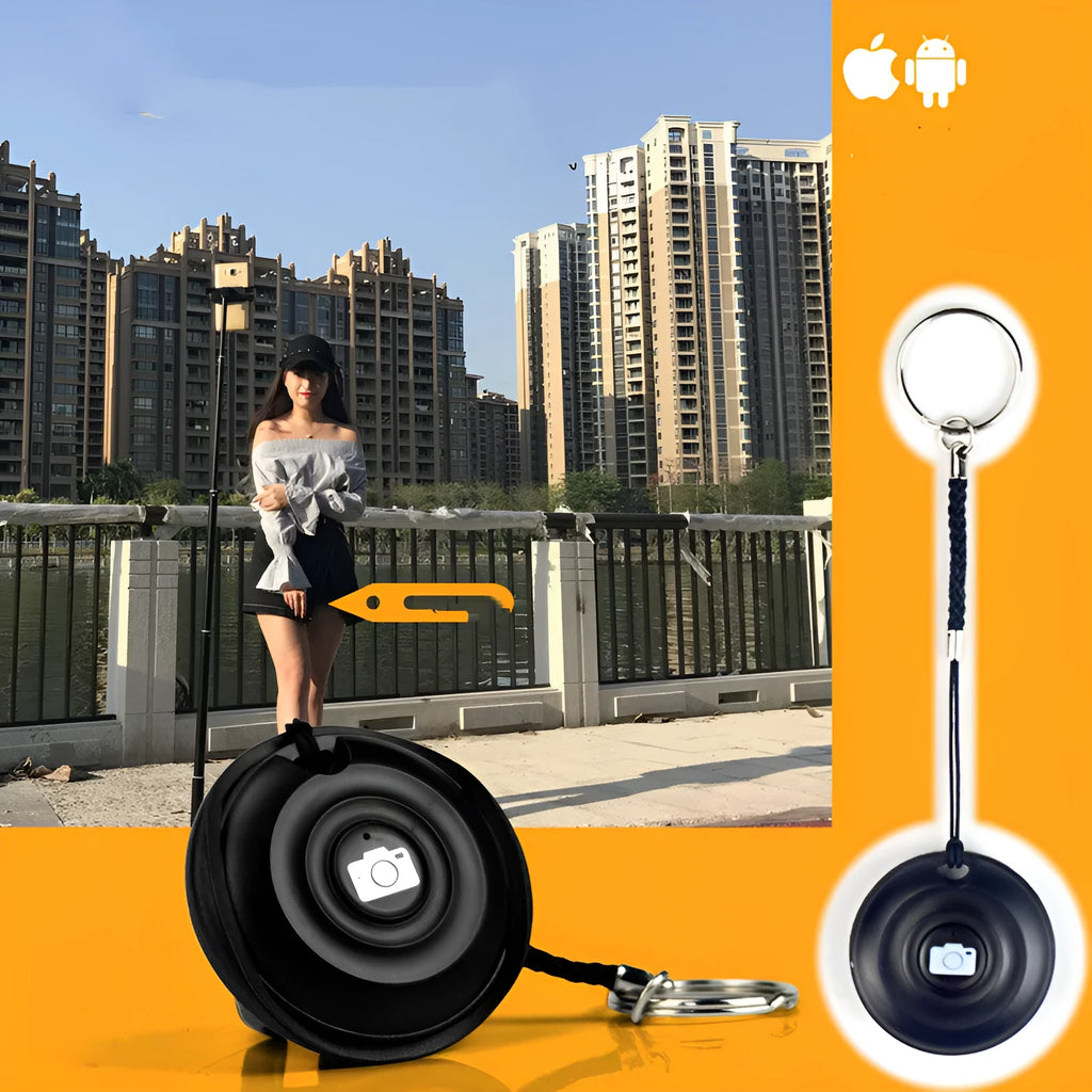 Black Bluetooth selfie remote control made of PC material weighing 27g with 10m range