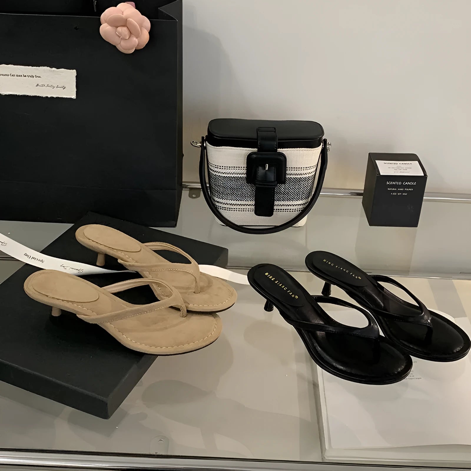 Women's open-toed stiletto sandals with round toe in rubber material, available in sheepskin camel and black