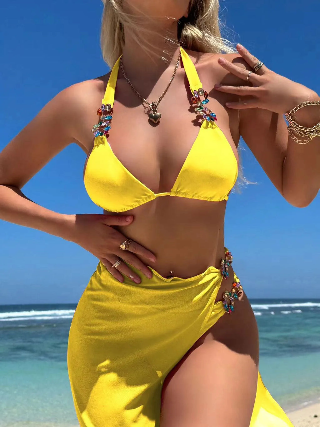 Three-piece swimsuit bikini set with mesh long skirt in light diamond print polyester fabric