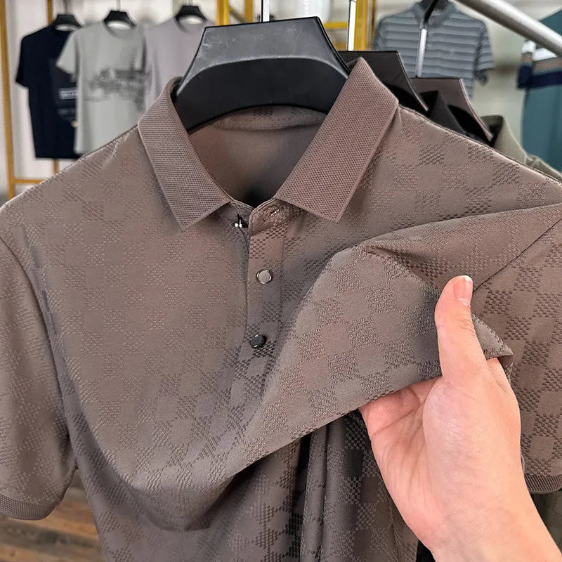 Rhombus patterned thin ice silk short sleeve t-shirt with a slit detail, shown in a colour option.