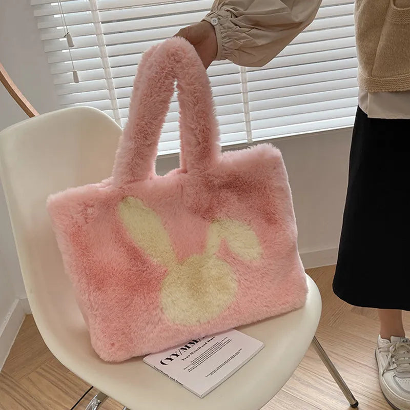 Plush cartoon rabbit ears tote bag in solid colour with shoulder strap