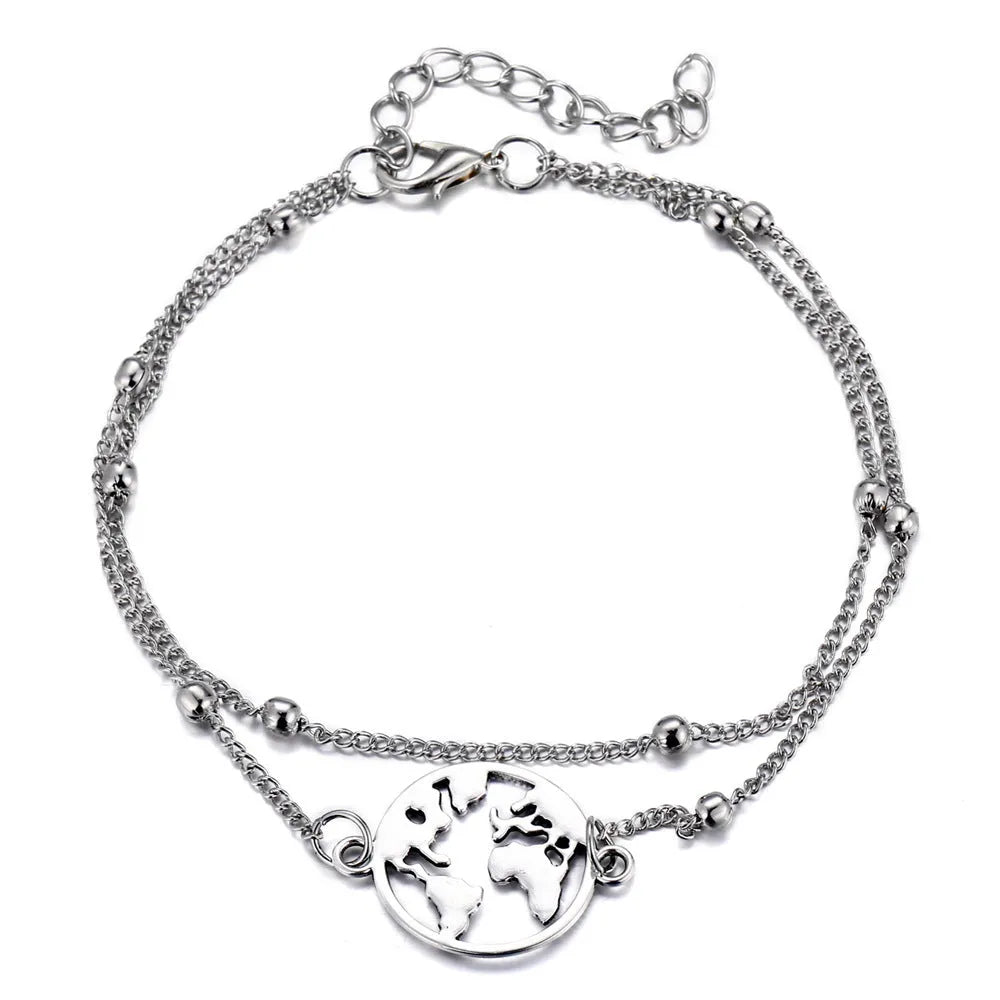 Three-piece anklet set with love heart, map, and eight character charms in simple style, photo colour