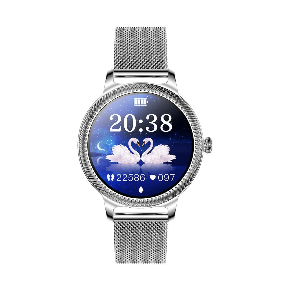 AK38 ladies smart watch with stainless steel band and 1.09-inch TFT display