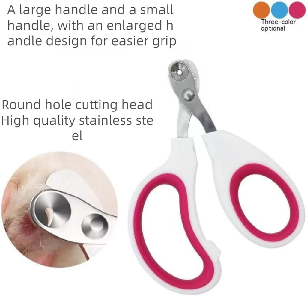 Blue pet nail clippers with circular safety-guide hole and cushioned non-slip handles.