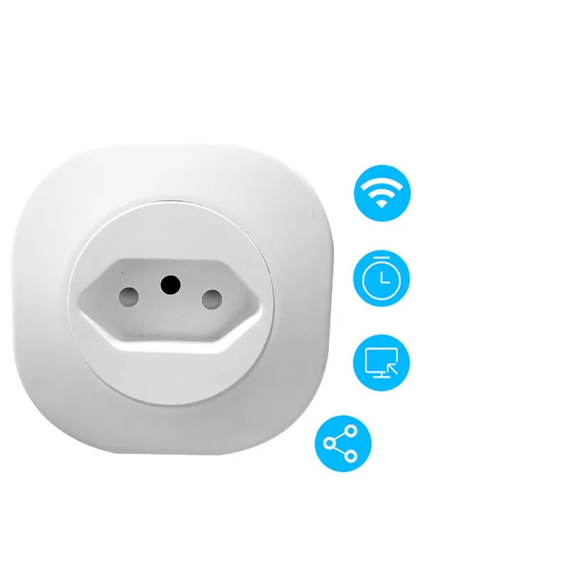 White Wi-Fi smart socket plug with EU-style pins showing status light, dimensions 70x70x72mm.