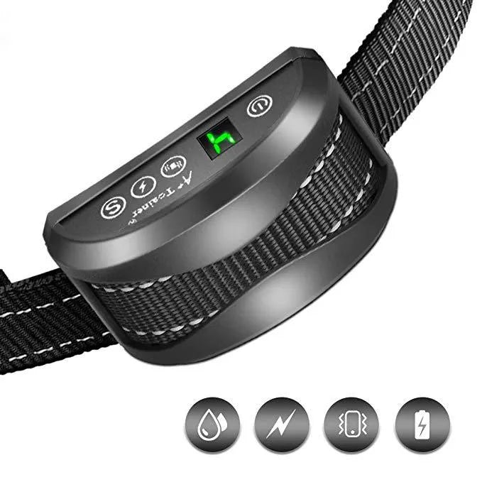 Digital anti-bark dog training collar with LCD display showing correction levels on adjustable reflective strap