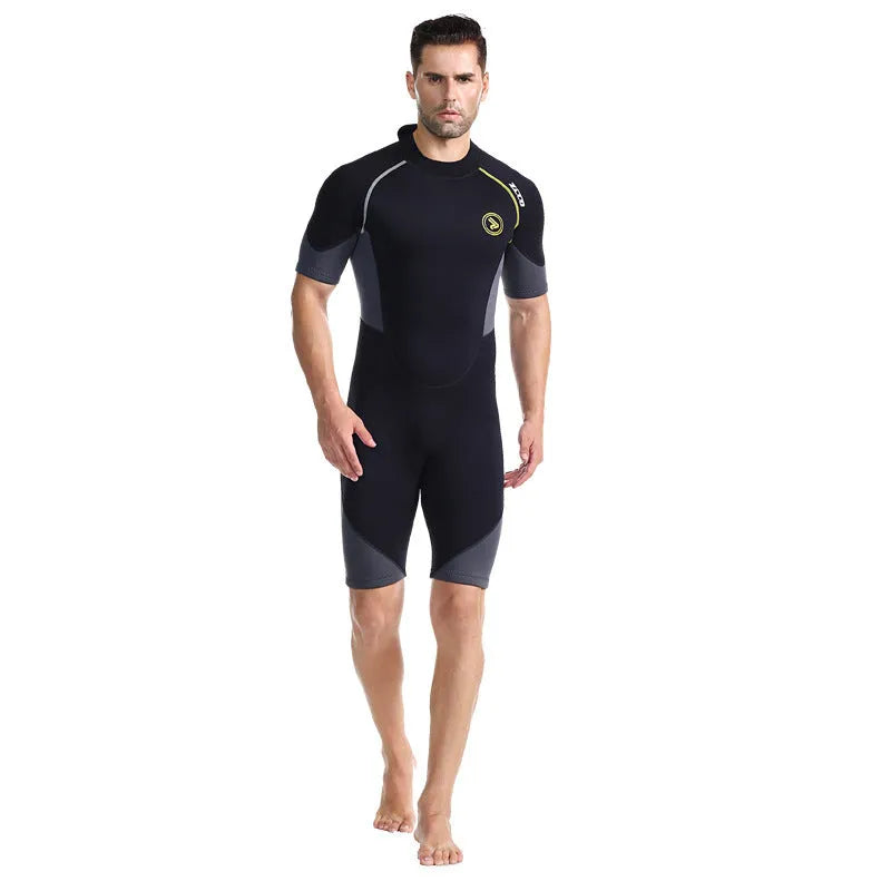 Men's black SCR neoprene short sleeve swim top with round neck and YKK zipper