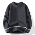 Grey men's loose fit round neck long sleeve casual pullover sweater on a hanger.