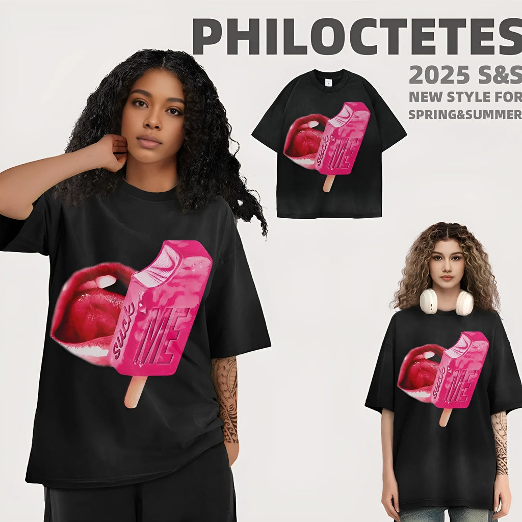 A loose-fitting heavy washed cotton t-shirt with a cartoon print, shown in a selection of available colours.