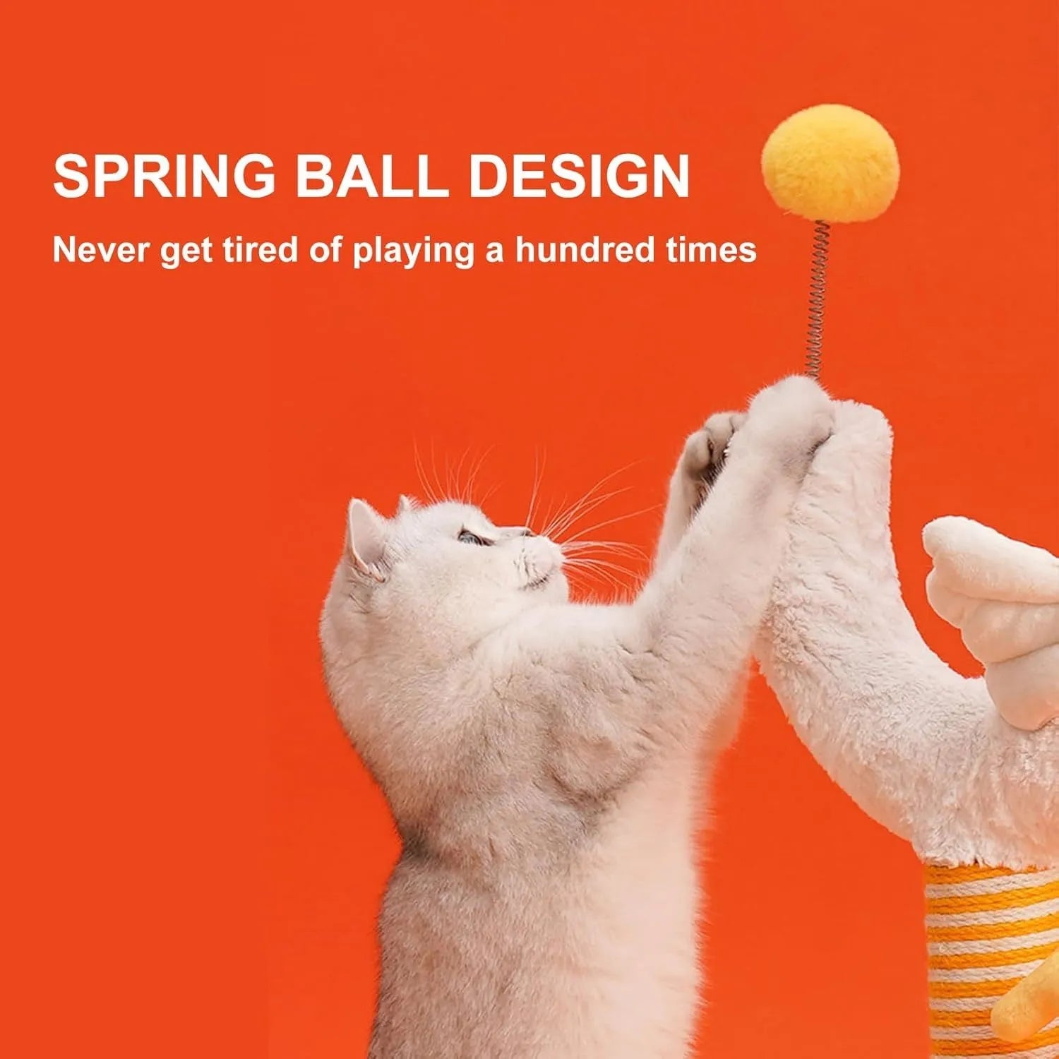 Yellow vertical cat scratching post 88cm tall with sisal rope wrapping and spring ball toy for indoor cats