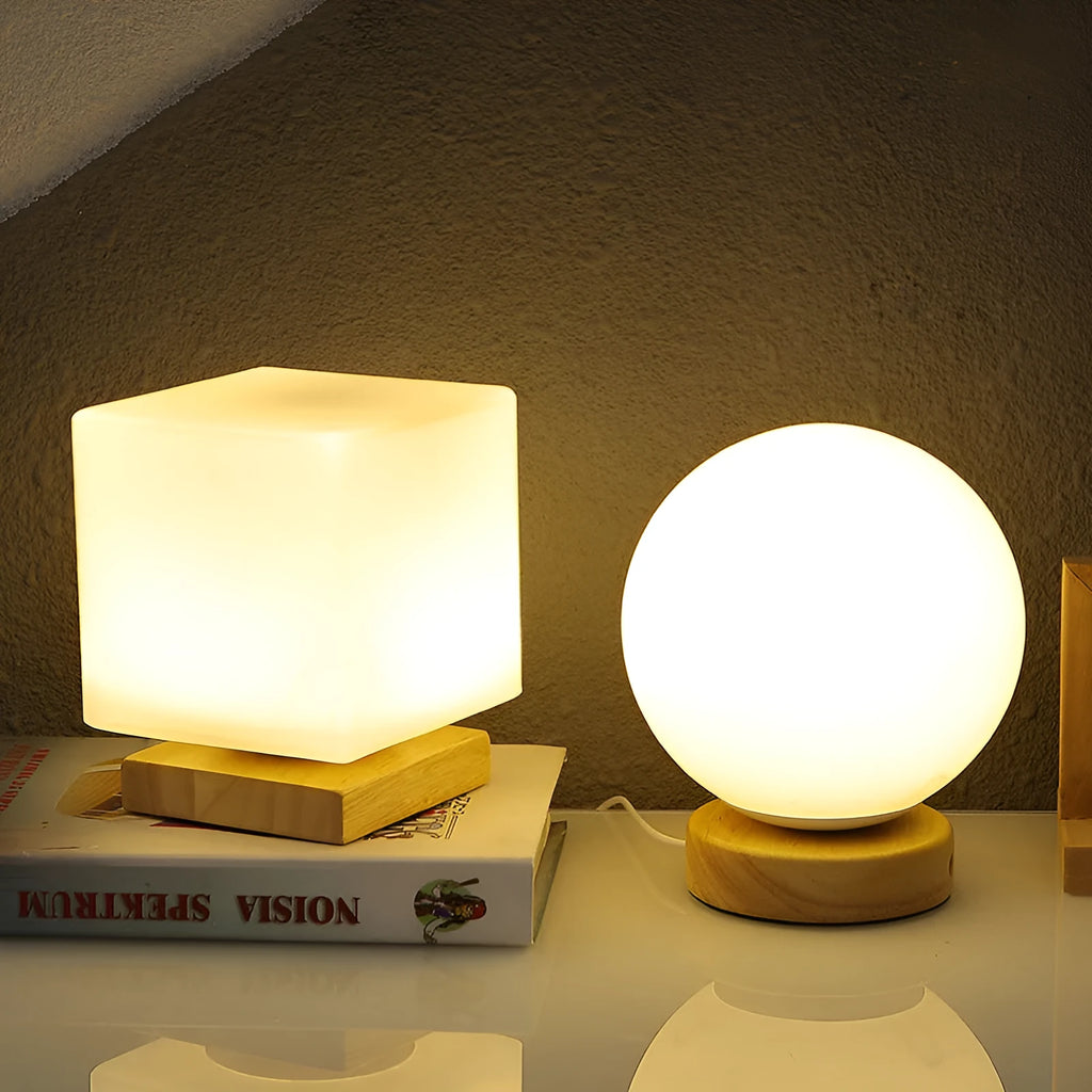Nordic solid wood USB table lamp with touch dimming in flower-shaped design measuring 150mm by 180mm