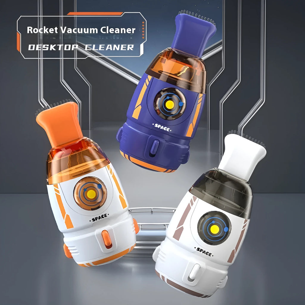 USB charging desktop vacuum cleaner in various colours including blue rocket, orange, gray white, and animal designs.