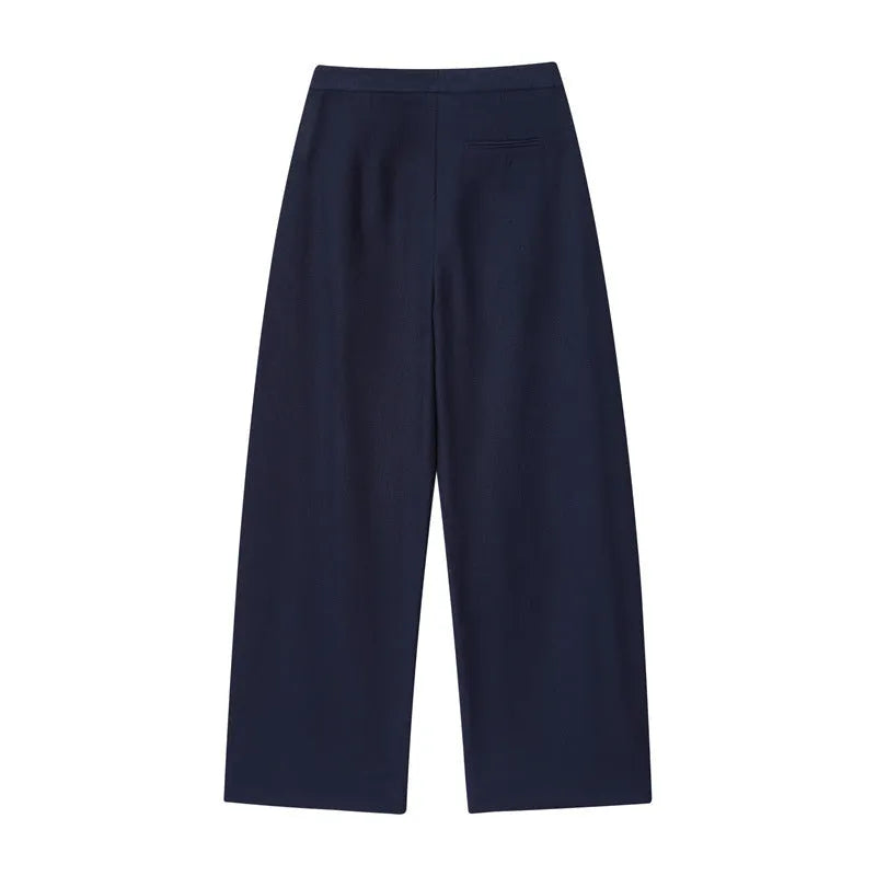 Women's linen-blend shirt with flounced sleeves and matching wide leg trousers in a two-piece commute wear set