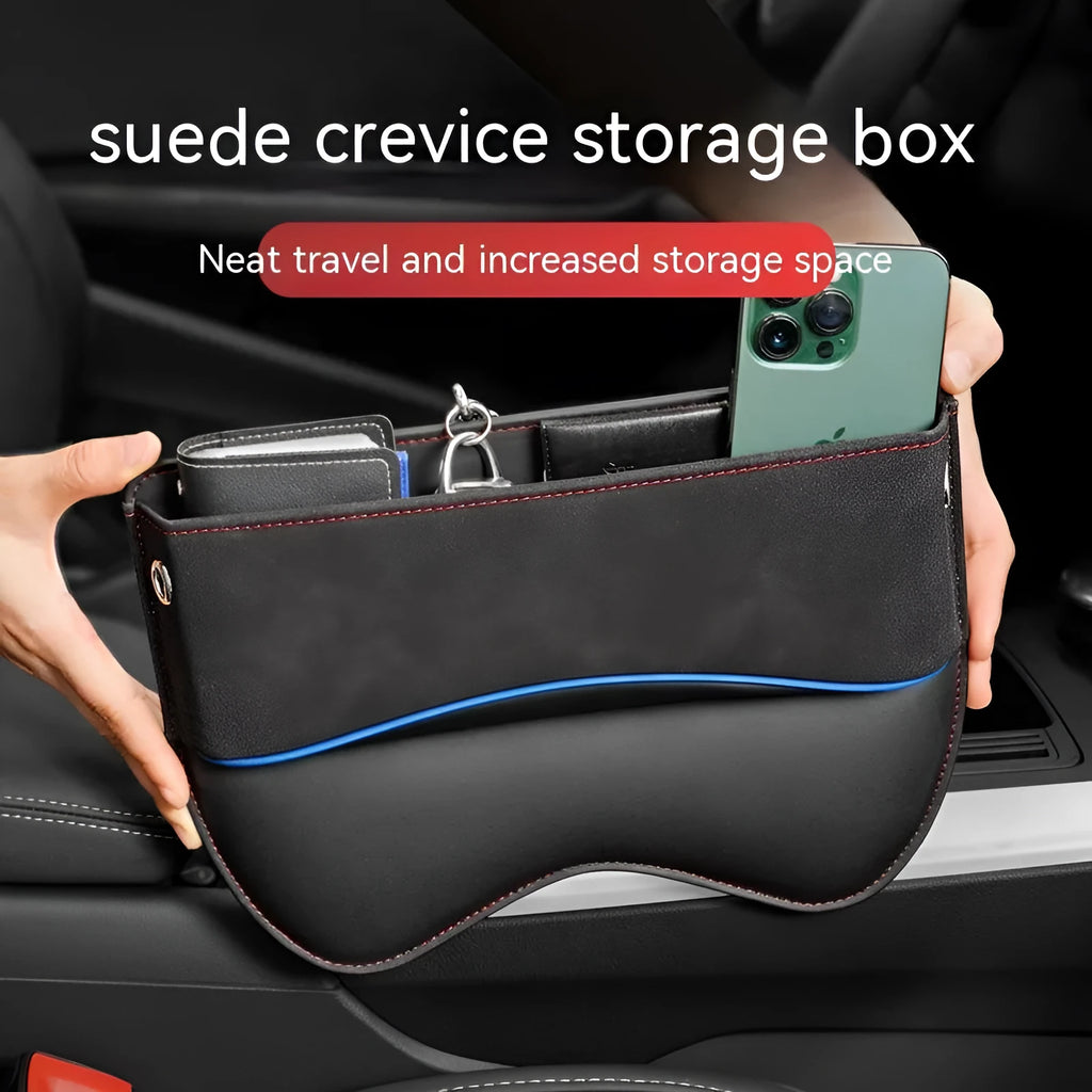 Leather car seat storage box in beige colour with waterproof and pressure resistant features.