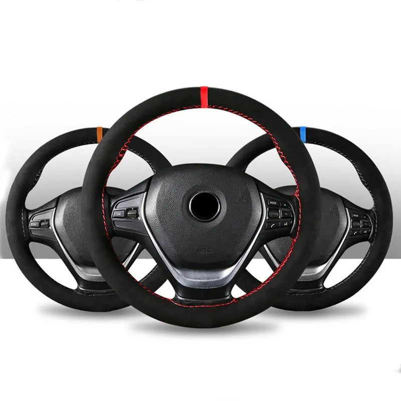 Black microfiber steering wheel cover with contrasting red stitch on 38cm diameter wheel