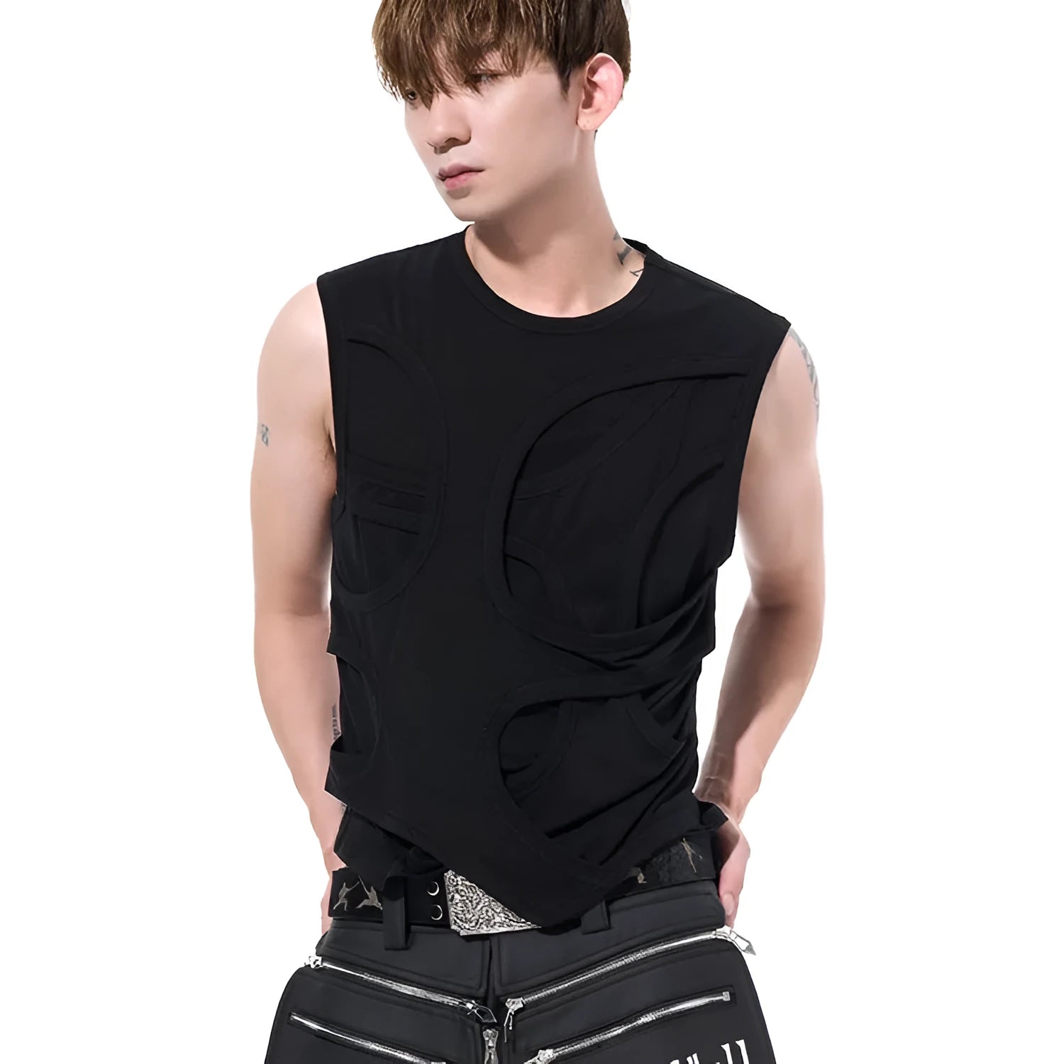 Men's solid colour lyocell summer vest in black, showing round neck and sleeveless tank-top design