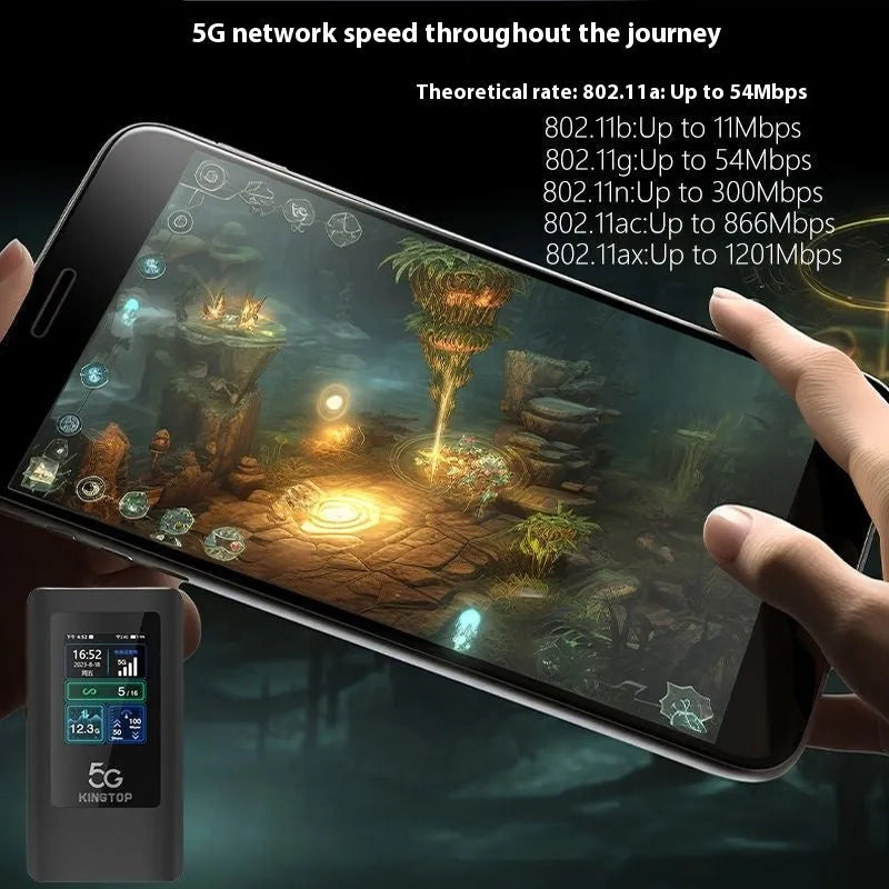 Black portable 5G WiFi router with LCD display showing connection status and USB Type-C port