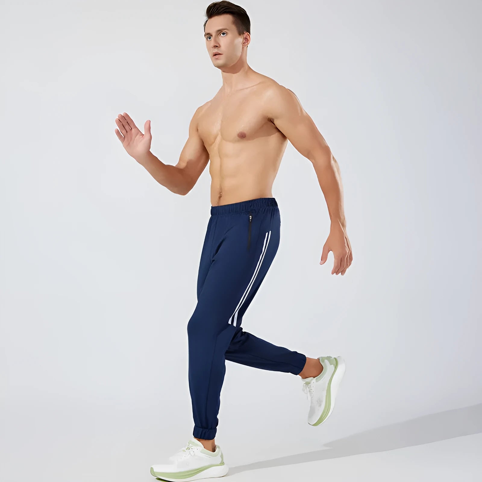 Men's black and navy blue running trousers with mid waist design and full-length cut