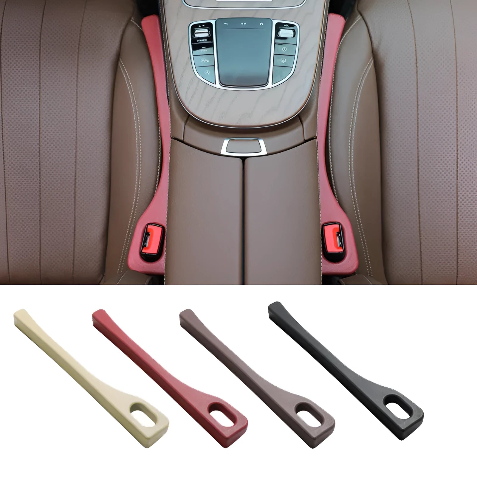 Flexible polyurethane car seat gap filler strips in black, brown, red, and beige colours with installation rod.