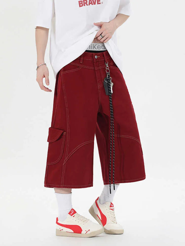 Retro wide leg denim shorts with multiple pockets, shown in red and black colour options.
