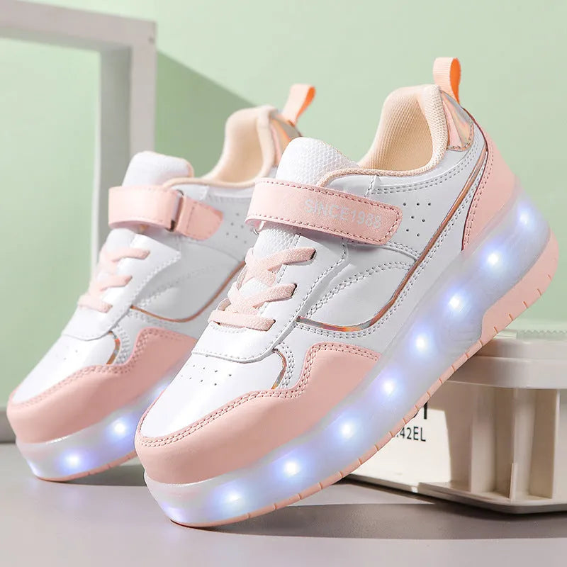 Electric roller skates with USB charging port in pink, white, black, or purple colours