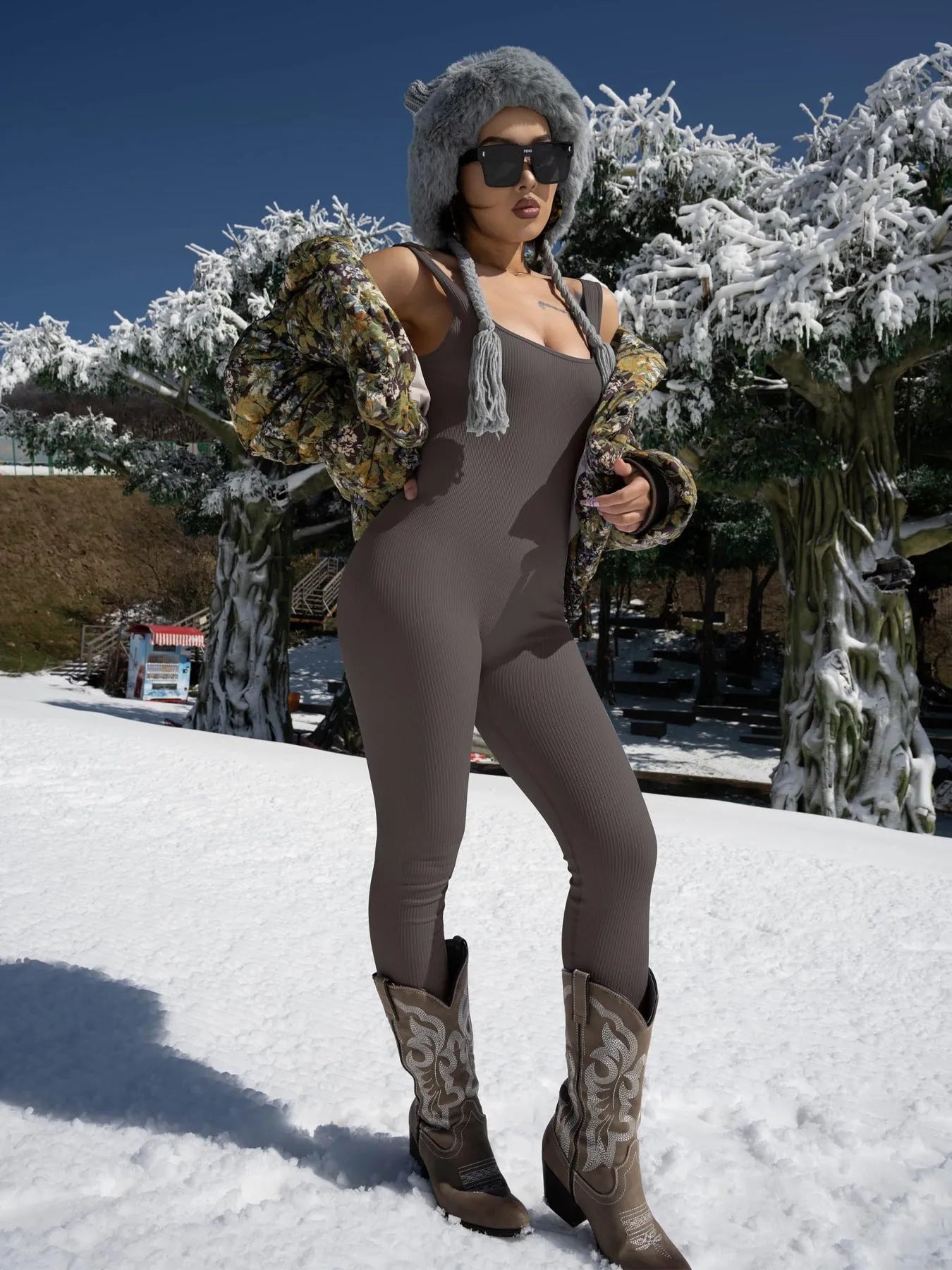 Women's long sleeve spandex suspender tights set with button details in beige colour.
