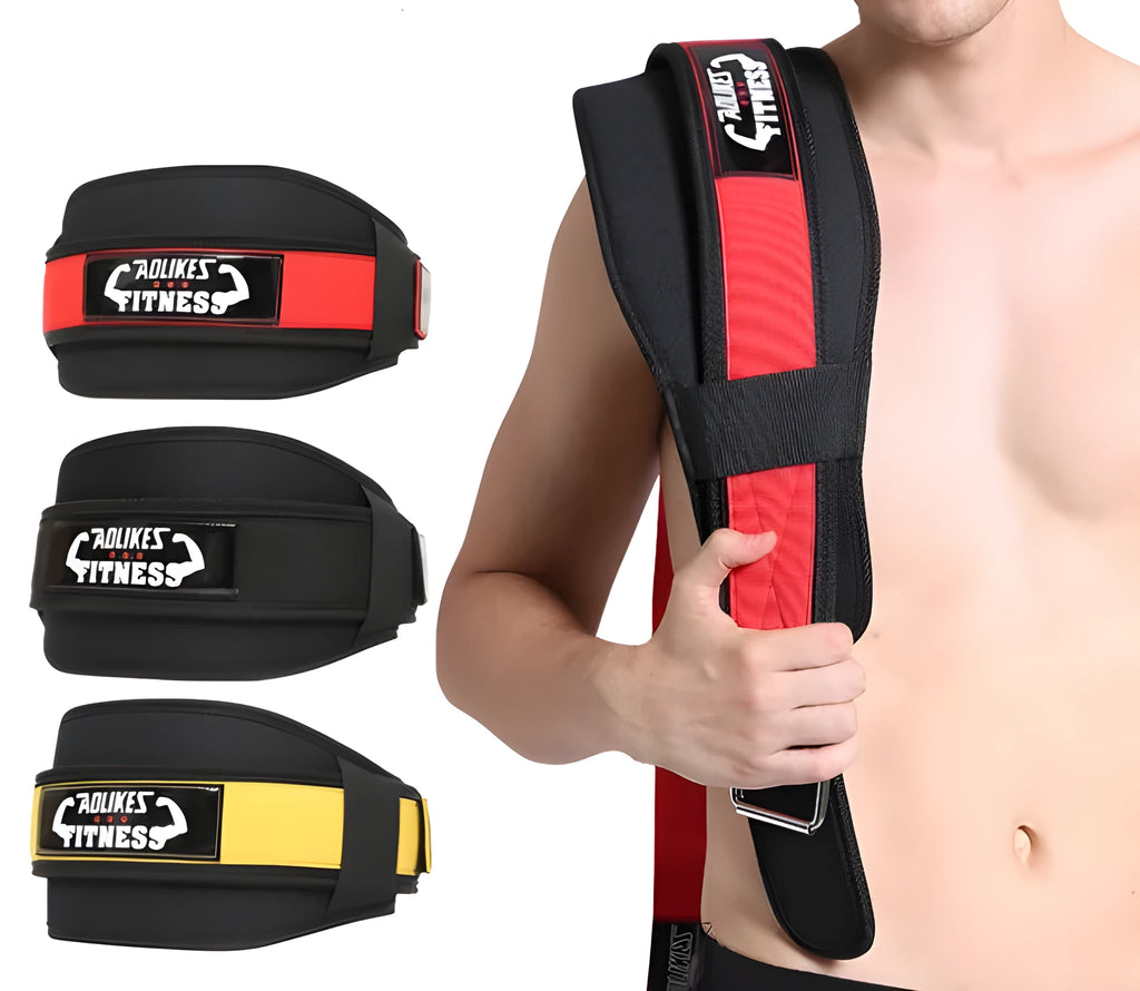 Black nylon fitness weightlifting belt on a gym floor, showing adjustable buckle and supportive width.