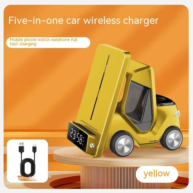 Grey 15W wireless charging bracket holding a mobile phone, a smartwatch, and wireless earbuds.