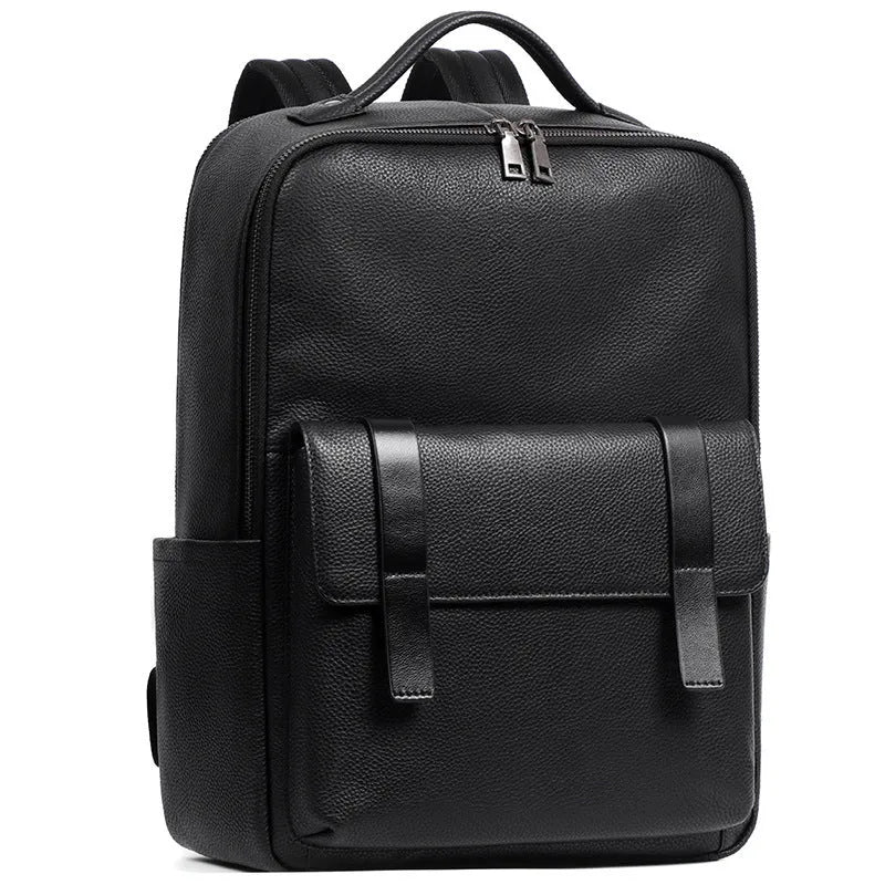 Men's black genuine leather computer backpack with 36-55L capacity for business travel