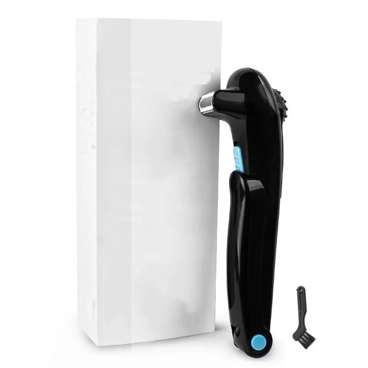 Black folding electric body shaver shown in open and closed positions for portable hair removal