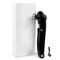 Black folding electric body shaver shown in open and closed positions for portable hair removal