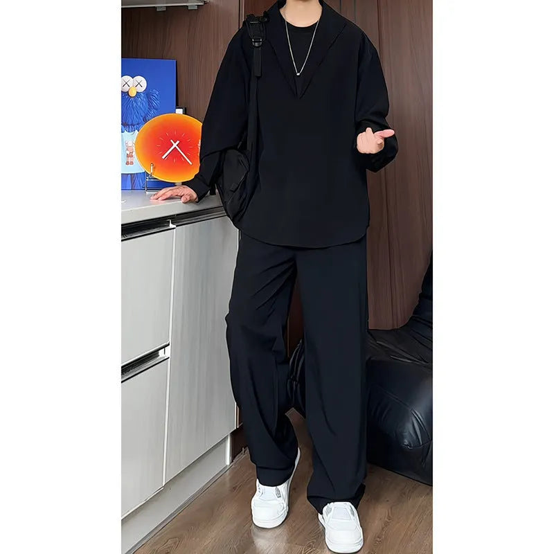 Men's apricot-coloured hemp-blend polo shirt and trousers two-piece casual suit on a hanger.
