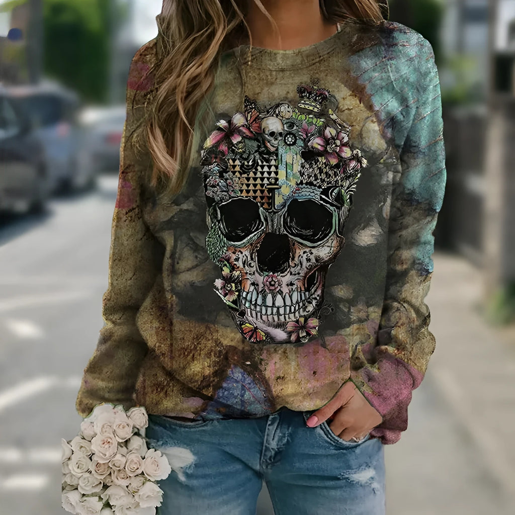 Black long sleeve mens sweatshirt with a white skull graphic print on the chest.