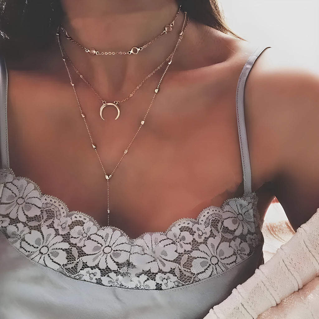 Fashion multilayer crescent moon choker necklace with bead chain and initial pendant in gold colour