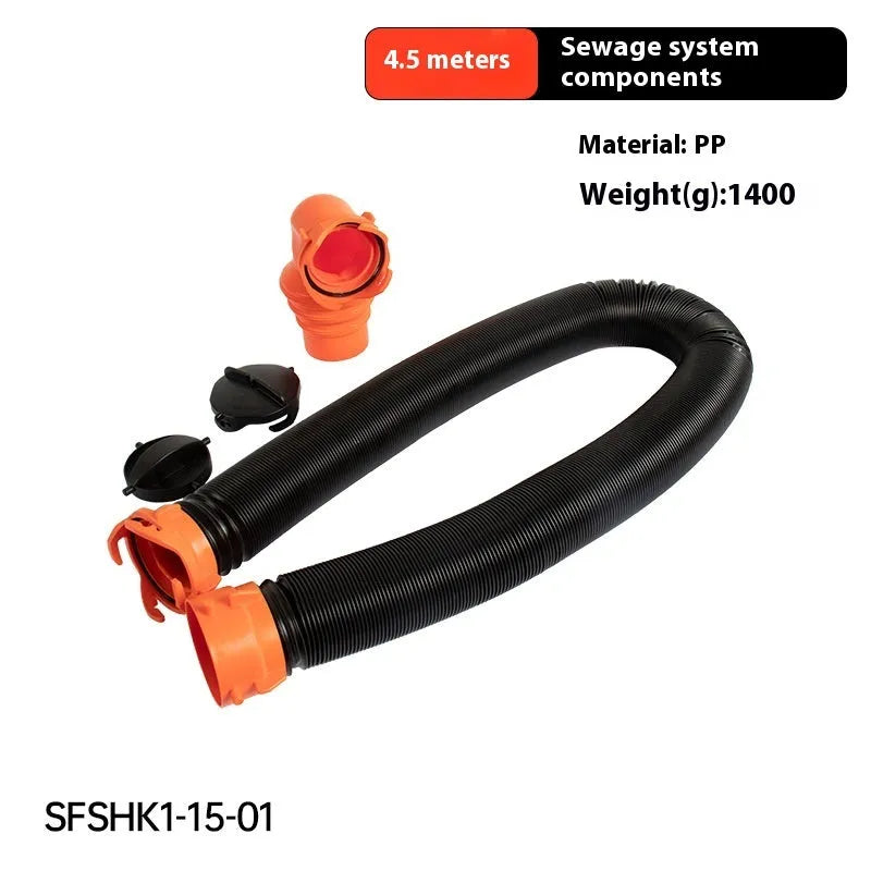 90 degree sewage hose with rotary elbow joint in PP or TPE material showing connector options